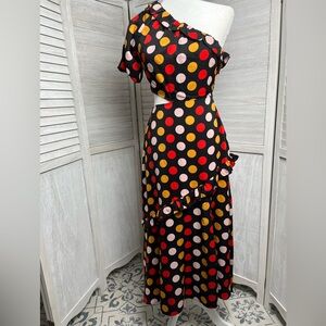 SAM EDELMAN Dot-Print Cut-out One-Shoulder sz4 black/red/gold/dusty pink dress